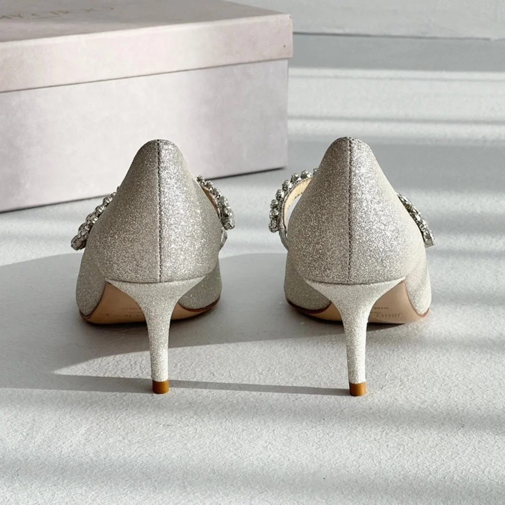 Jimmy Choo Silver Glitter Crystal-Strap Pointed Pumps